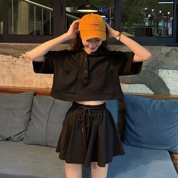 Red Single/Set Musim Panas Baru Polo Kerah Wanita Perkakas Gaya Fashion Longgar All-Match Lengan Pendek T-shirt + lebar Kaki Celana Rok