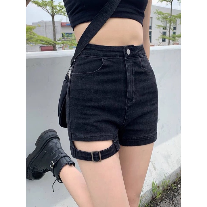 Red Hitam Celana Pendek Denim Berpinggang Tinggi Wanita Musim Panas 2022 Baru Elastis A-line Slim Tas Hip Ketat Hot Girl hot Pants