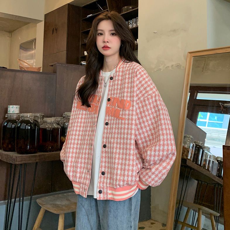 Red 2023 Musim Semi Tide Merek Cenderung LOGO Bisbol Jaket National Tide Street Houndstooth Fried Street Mantel Pasangan