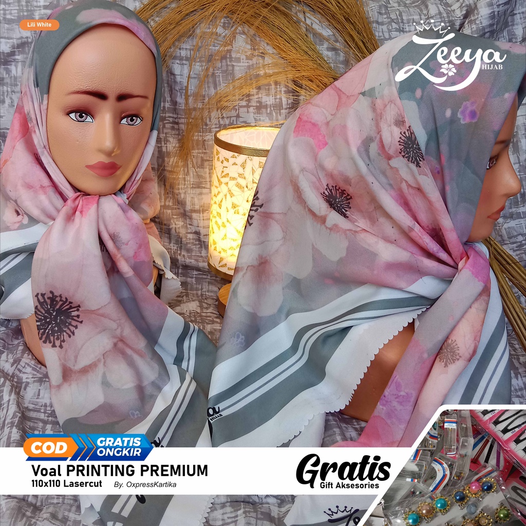 Kerudung VOAL hijab wanita fullprinting premium lasercut Gratis peniti hijab bross dll gambar realpict/Zeeyahijab