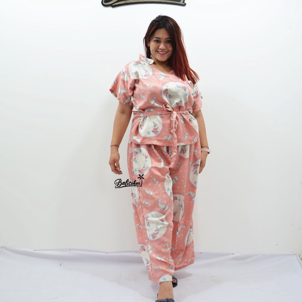 Balicihui Setelan Satin Jumbo Piyama Plus Size Baju Tidur Big Size Setelan Panjang Wanita