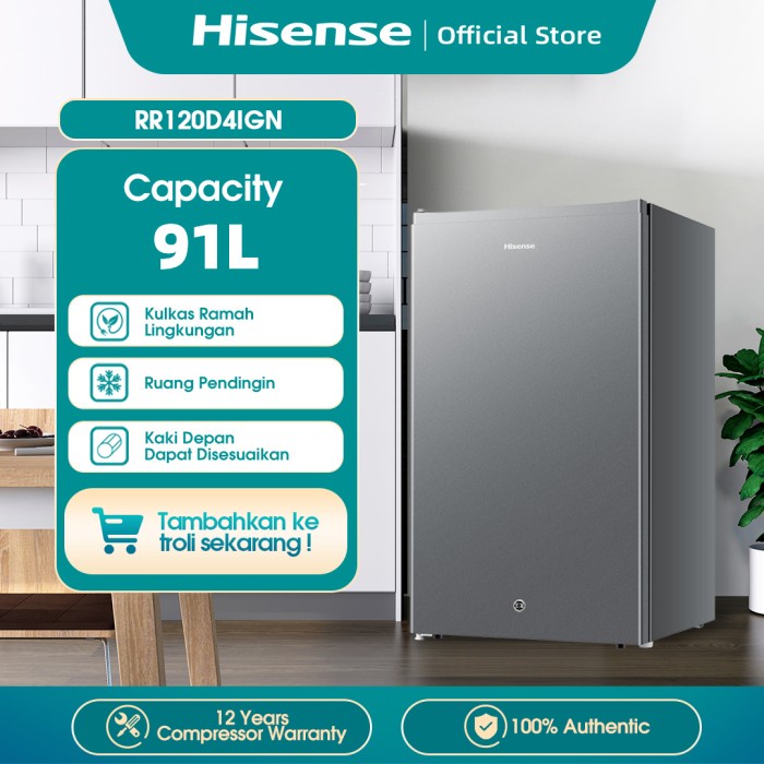 Hisense Kulkas 1 Pintu 91L lemari es Refrigerator RR120D4IGN Silver