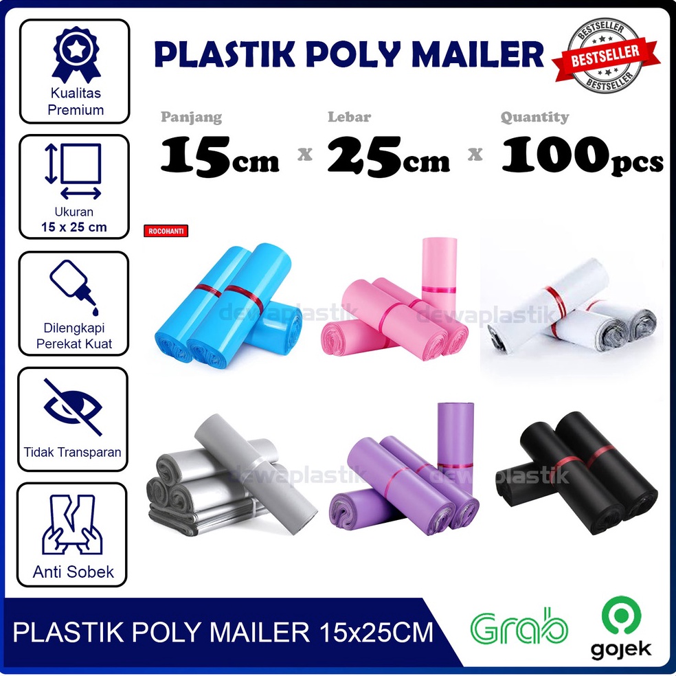 

5.5 MALL Poly Mailer 15x25 cm Isi 100 Pcs Polymailer Kantong Plastik LDPE Amplop Packaging 15 x 25 cm Plastik Packing 15x25cm Kantong Paket 15 x 25cm Isi 100pcs Warna Biru Baby Blue Pink Merah Muda Putih Abu Silver Ungu Lavender Hitam