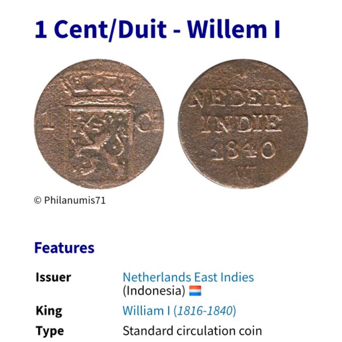 Murah koin Willem 1 koin 1 duit nederland indie 1 cent koin penjajahan 1833-1840