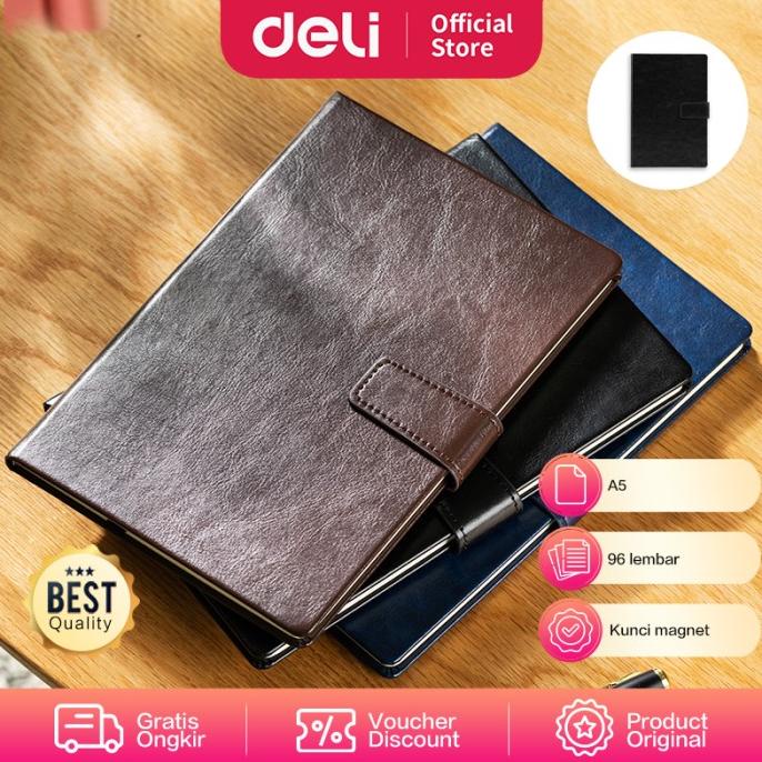 

Deli Leather Cover Notebook Buku Catatan Kunci Magnet A5 En138L