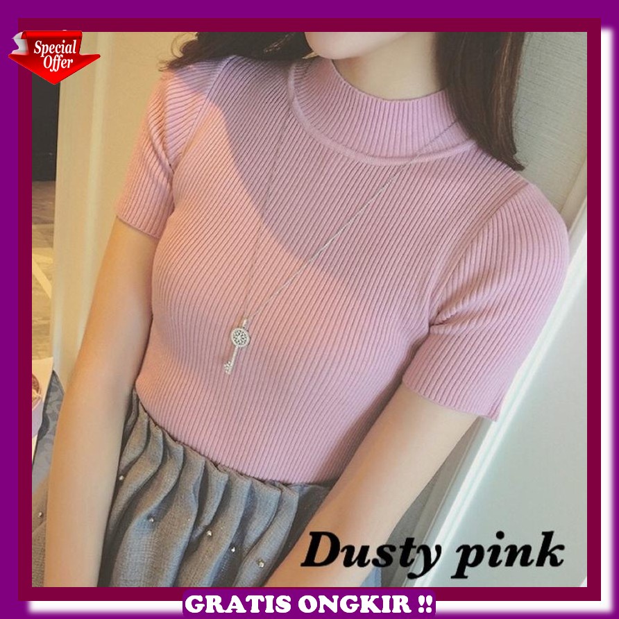 Kaos Rajut Knit Rib Blouse Top Turtle Neck Jumbo Lengan Pendek Turleneck Kerah Korean Style Terbaru 