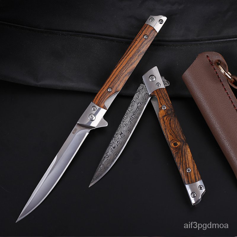 &M390 Steel Folding Knife with Holster Wooden Handle Damascus Pattern High Hardness Outdoor Hunting 