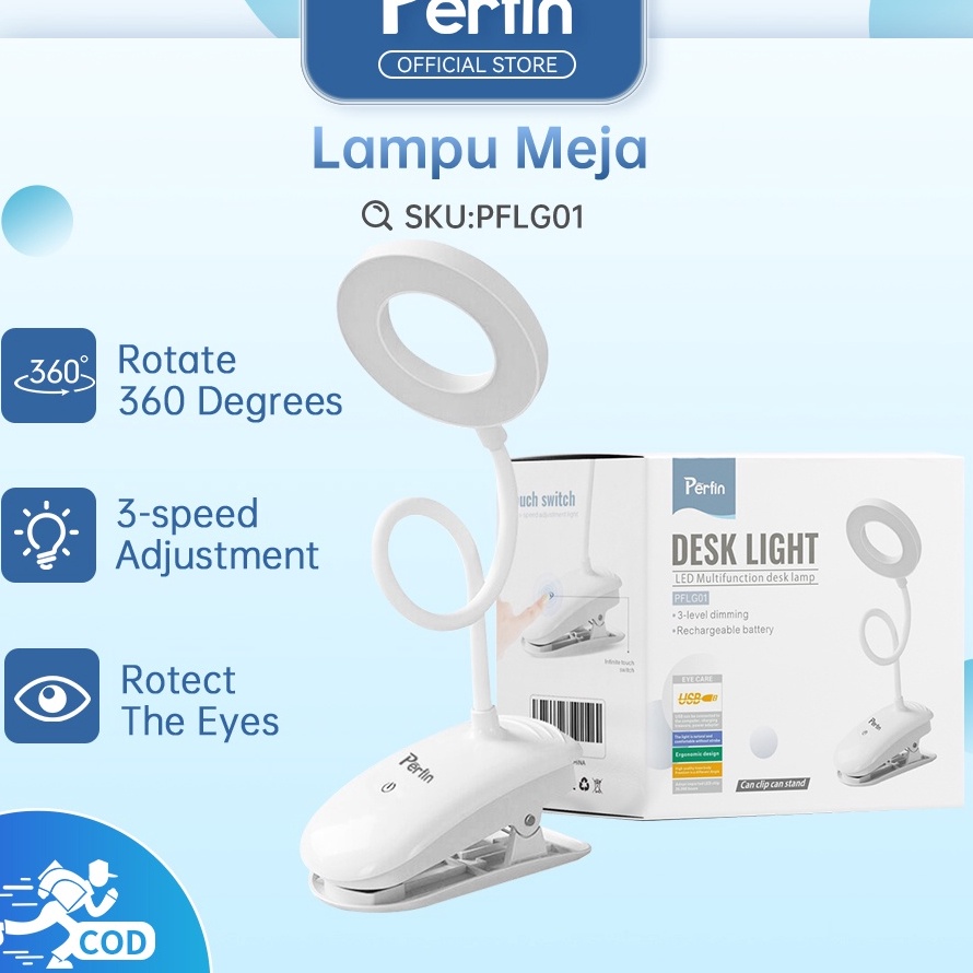 BISA COD -  Perfin PFLG01 Lampu Meja Lampu Belajar Jepit USB LED Portable Charge Touch Screen Adjust