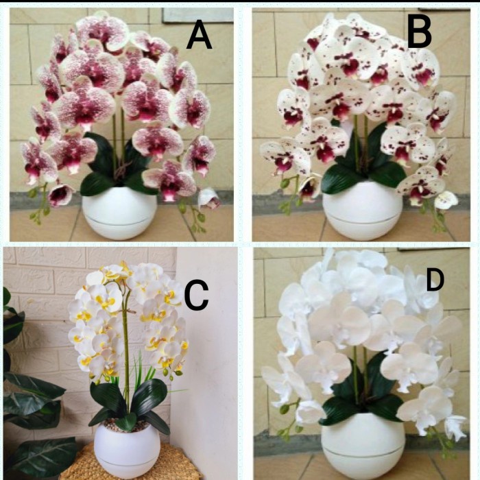 RANGKAIAN ANGGREK PUTIH LATEX PREMIUM 2 TANGKAI POT PLASTIK BUNGA MEJA