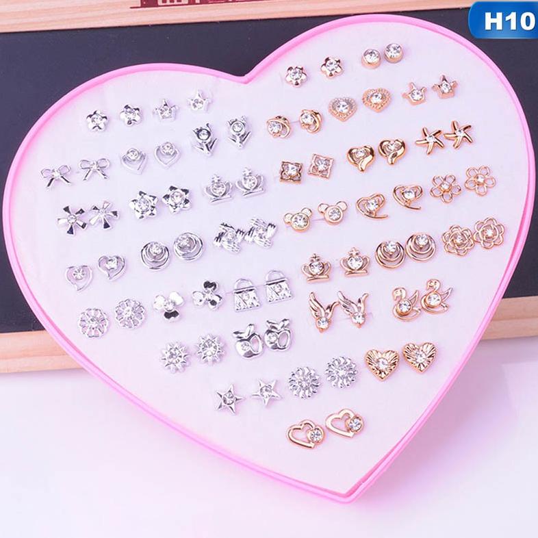 Terbaru 36 Pasang / Set Anting Tusuk Bentuk Hati Bahan Plastik Warna Emas Untuk Wanita