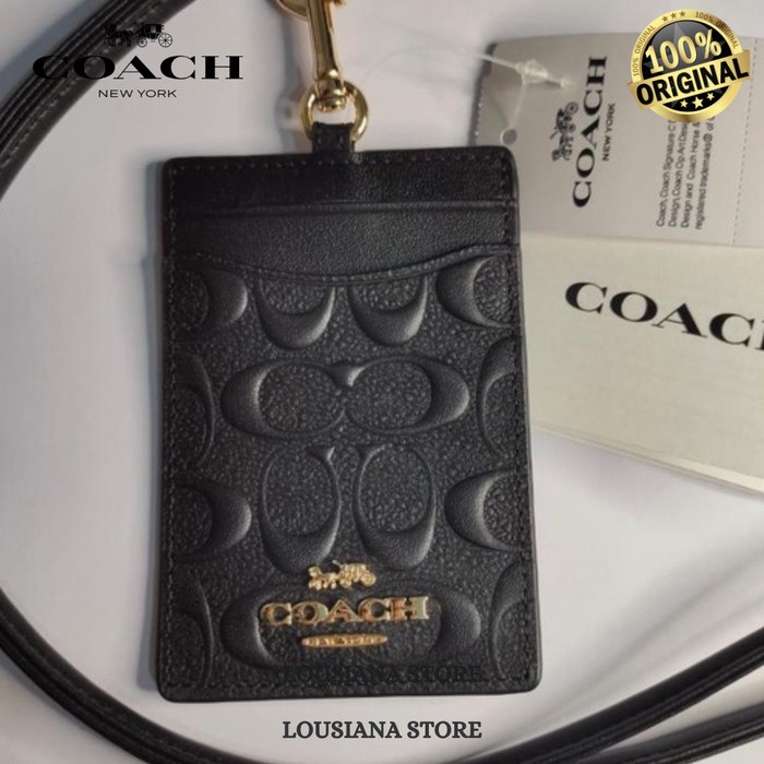 

Coach Id Lanyard In Signature Leather Debossed Black Gold