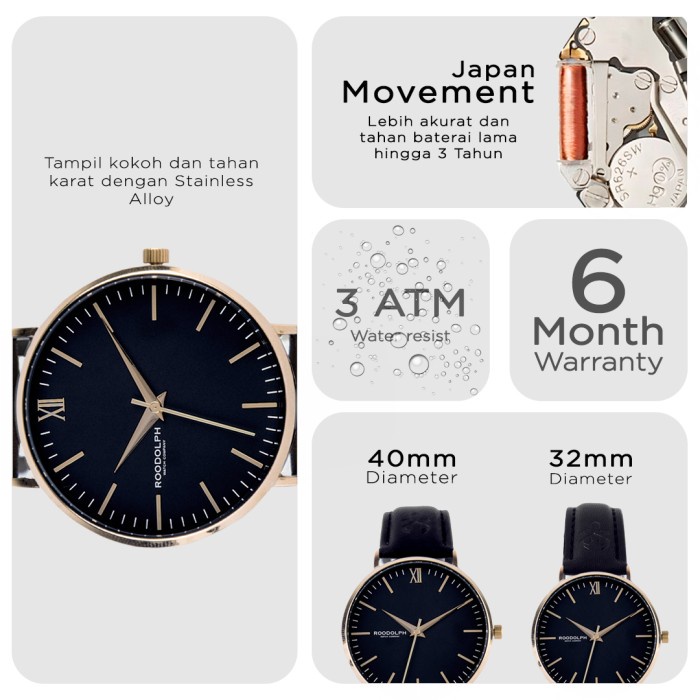 DISKON SPESIAL JAM TANGAN ANALOG WANITA ROODOLPH ERUDITE GOLD BLACK (32MM) TERMURAH