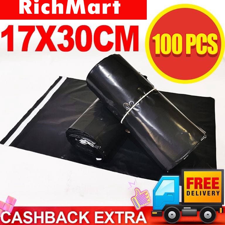 

COD Rich.mart - Polymailer 100 Pcs 17x30 Cm Hitam Glossy Plastik Ppolymailer Glossy Black ☈Ready Stok