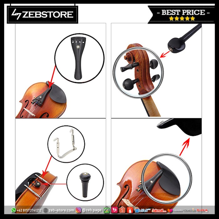 TERLARIS Chin Rest Tailpiece Tuning Peg Endpin Biola Violin Parts Set Ebony Bla