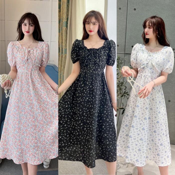 (( BISA COD) MAYE FLORAL DRESS KOREAN VINTAGE MIDI KOREA LOOK BUNGA TEMPRAMEN