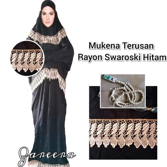 Mukena Terusan Katun Rayon Hitam Swaroski Renda Milo  - Telekung Abaya - Long Prayer Set - Abaya Ruk