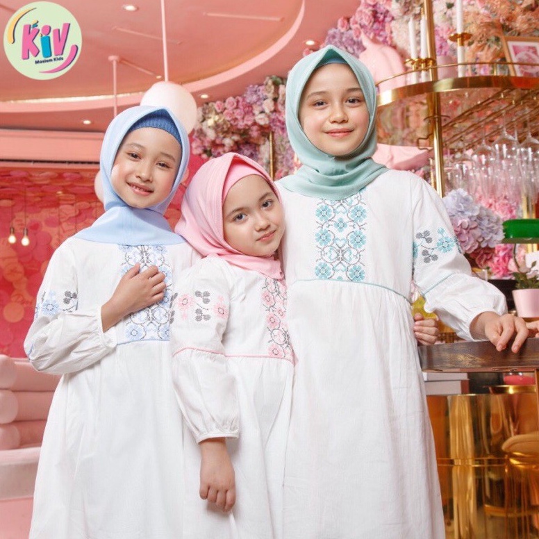 Langsung Order.. KIV Gamis Anak Perempuan Putih dengan Bordir  Free Hijab DO 142 manasik seragam sek