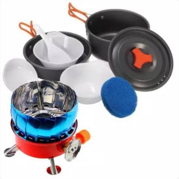 ( COD ) Paket nesting cooking set 3 orang + kompor portable windproof