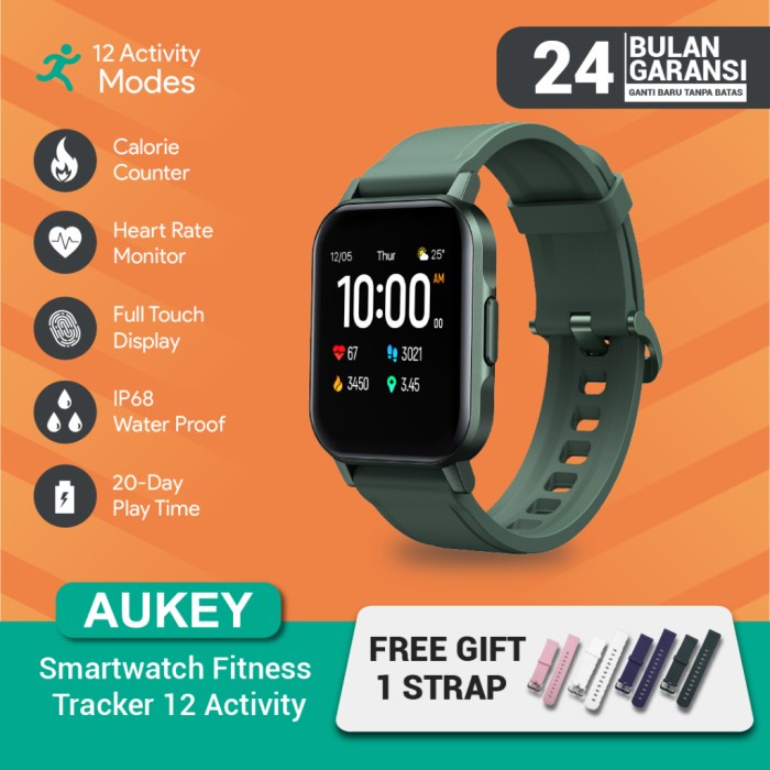 READY ORIGINAL Smartwatch Aukey Green Fitnes Tracker 12 Activity Free Strap ASLI