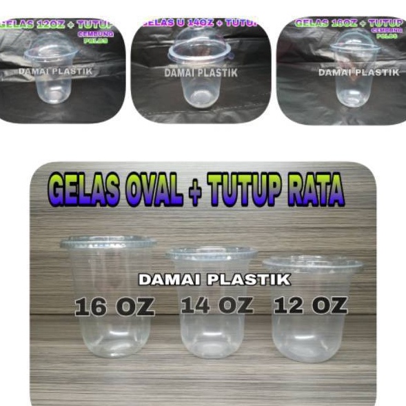 Diskon Promo Gelas Oval + Tutup Cembung 16oz 14oz 12oz Cup U + Lid  Cup 16 oz 14 oz 12 oz Gelas Plas