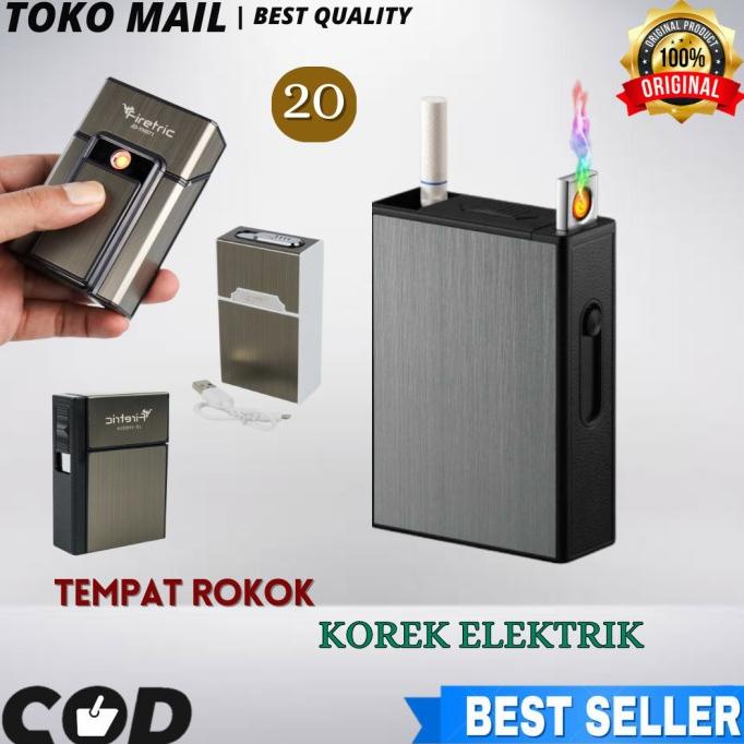 Kotak Tempat Rokok Plus Korek Api Elektrik 20 Batang Waterproof Keren
