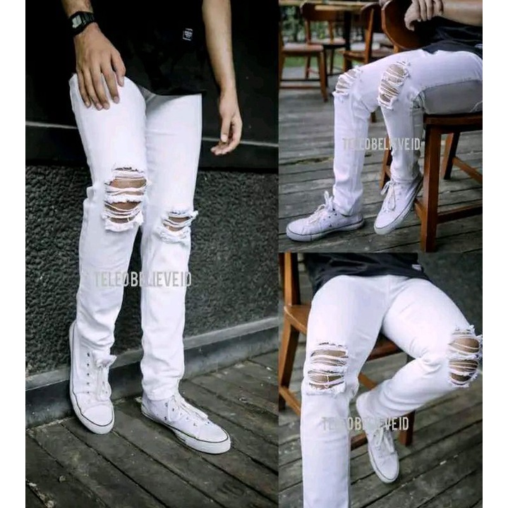 Deflistore_01Celana putih sobek pria celana jeans sobek warna putih sobek lutut