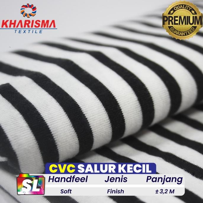 ```````] Bahan kain kaos Cvc Salur Putih-Hitam