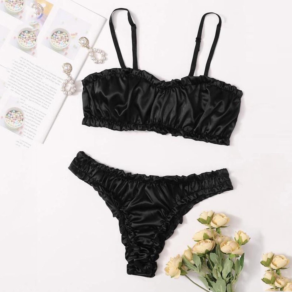 2022 New Fashion Ladies Sexy Solid Color Lingerie Satin Lace Frilled Sling Babydoll Bra Set Biustono