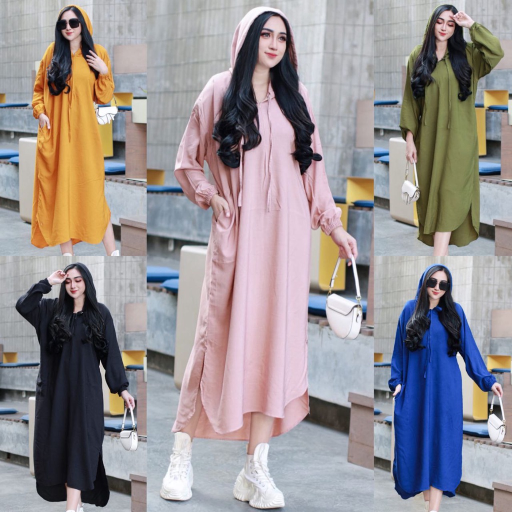 SMILE DRESS HOODIE Daster model terbaru bahan Rayon grade A midi dress jumbo LD 120 resleting depan saku kanan kiri busui friendly By MYQUEEN COLLECTION