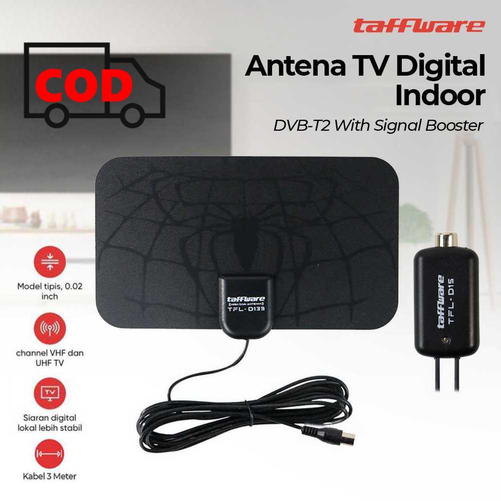 Antena TV Digital Indoor DVB-T2 VHF UHF 25dB Kabel 3 Meter dengan Signal Booster Penguat Sinyal Penangkap Siaran Televisi