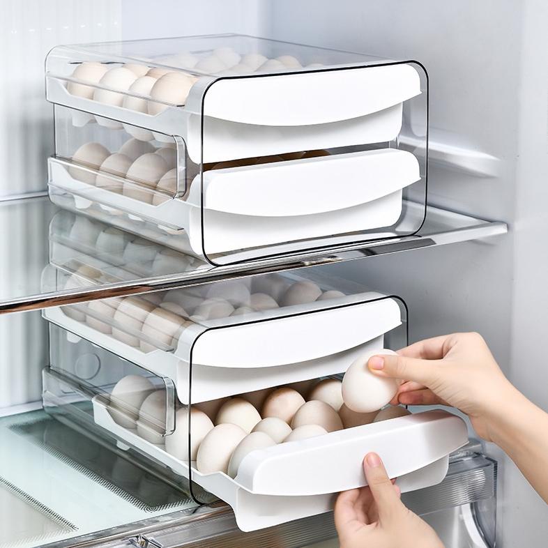 Trending Tempat Telur 2 Tingkat Kotak Penyimpanan Telur Laci Double-Deck Home Egg Box Rak Transparan