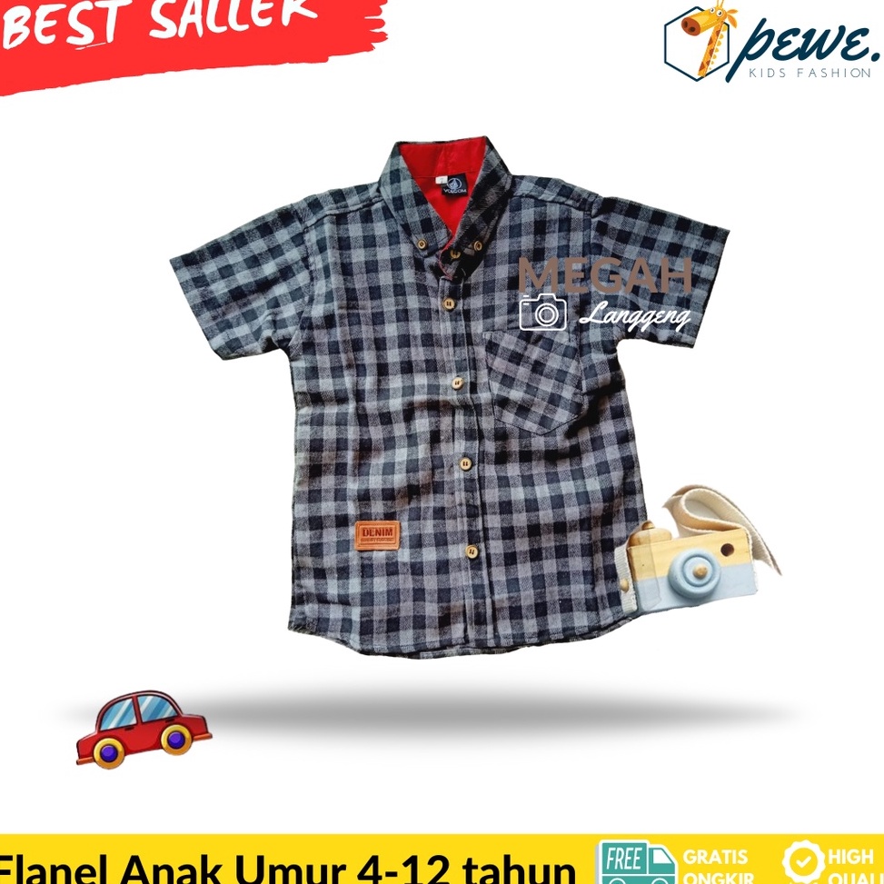 STOK TERBARU. Kemeja anak Flanel Lengan Pendek Unisex - kemeja kotak anak hitam putih / kemeja flane