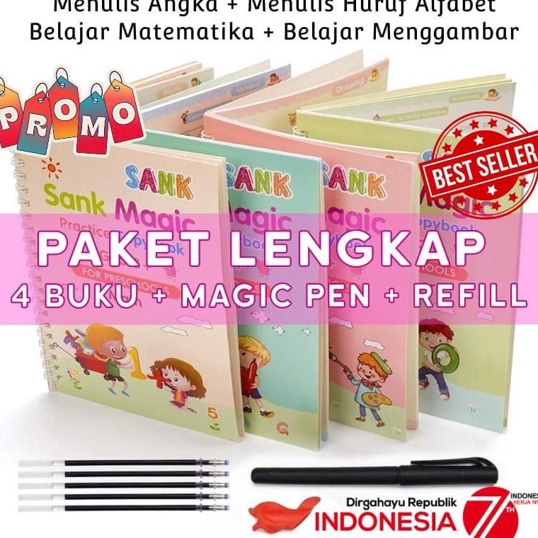 

⚡GROSIR⚡ SANK Magic Pratice BOOK Alfabet 1 SET ISI 4 BUKU + PULPEN Buku Latihan Belajar Menulis Anak