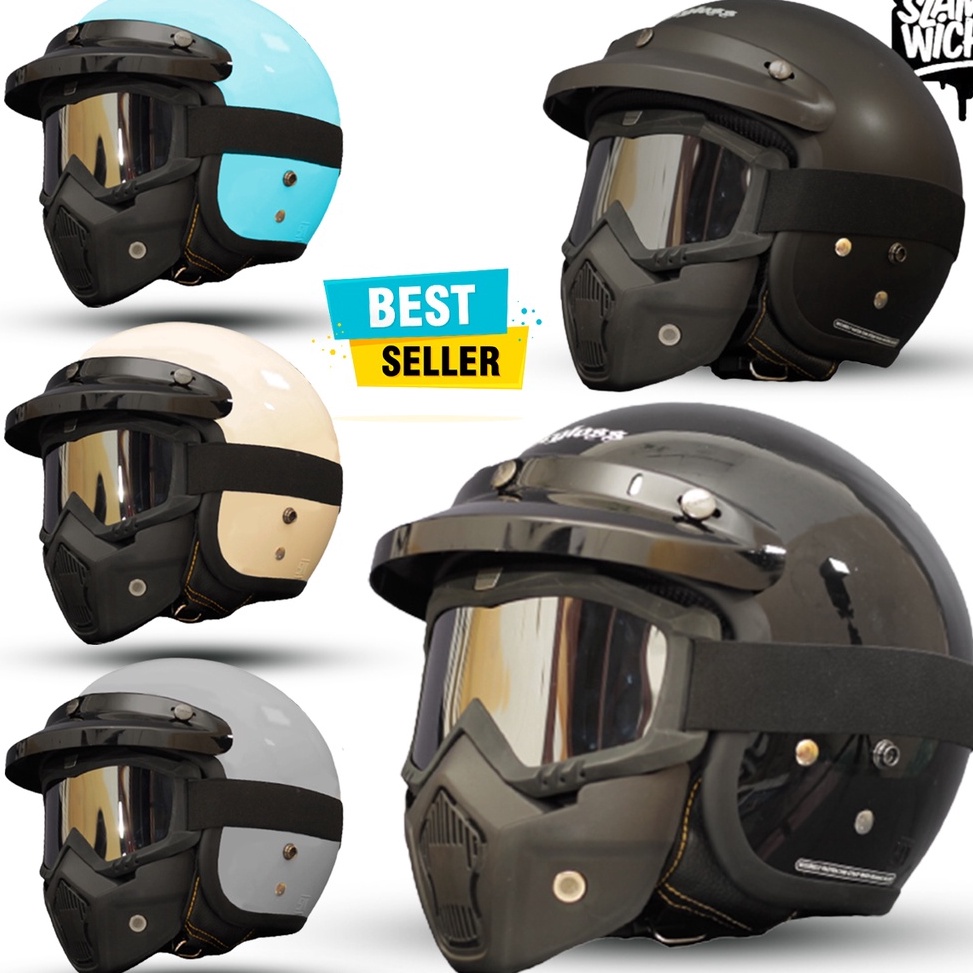 Stok Terbatas.. Helm Bogo Retro Premium Carglos / Googles Mask Trail Cross / Helm Half Face Untuk Pr