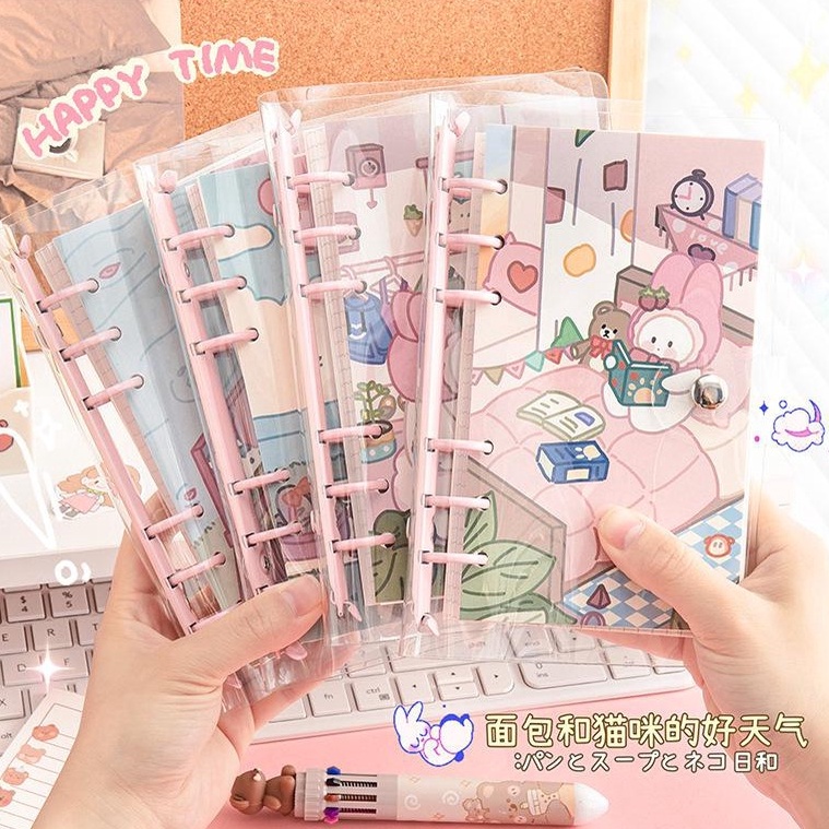 

[87L] Buku binder A6 Buku 100 lembar lucu Korean style spiral notebook PVC clear cover 6 ring Buku catatan isi ulang loose-leaf Akaun tangan transparan Buku rekening tangan Daily planner DIY scrapbook Cute peach rabbit Jurnal wisatawan 91