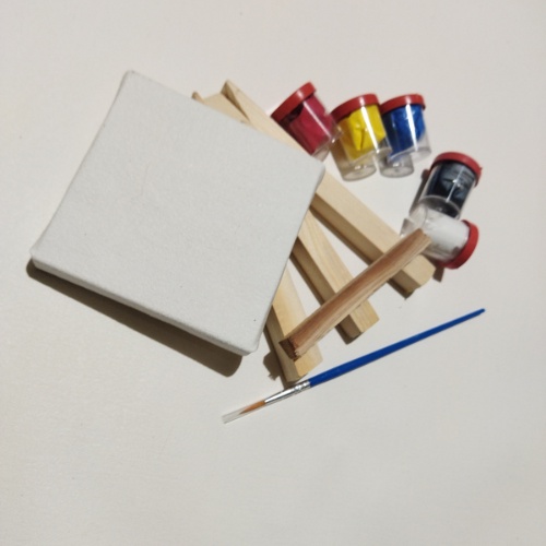 

mini kanvas ukuran 10x10 cm set canvas lukis set 5 warna dasar plus kuas round dan stand lukis 15 cm