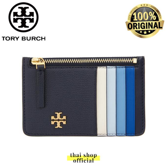(100% ORIGINAL) TORY BURCH Kira Card Case Wallet Blue Colorblock Zip