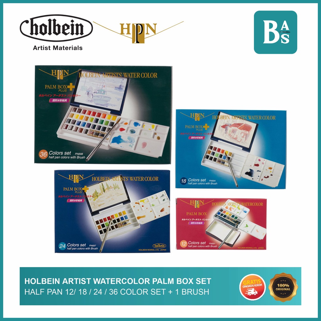 

Holbein Watercolor Halfpan Palm Box Set 12 / 18 / 24 / 36 Colors