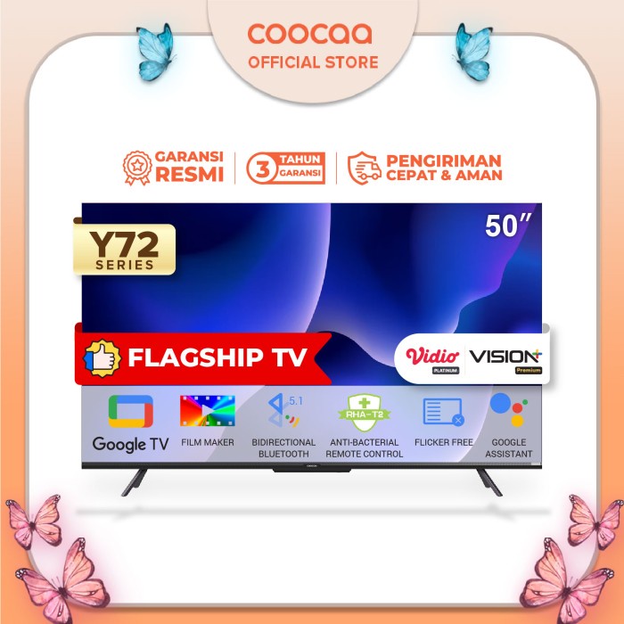 NEW SERIES [GOOGLE TV] COOCAA 50 INCH SMART LED TV - FLICKER FREE -(COOCAA 50Y72) ORIGINAL TERBARU