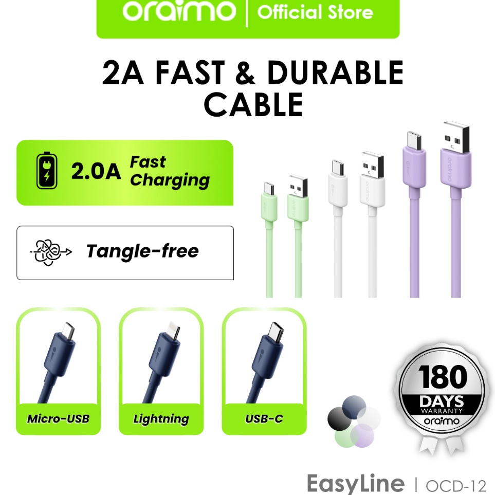 ⋆0ZH Oraimo Data Cable Kabel Micro USB Lightning Type-C 5V 2A Fast Charging Durable 1m OCD-12 ❋ ★