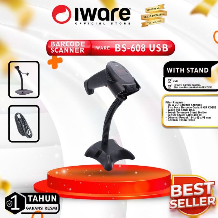 Terlaris Barcode Scanner 2D Iware Bs-608 Usb With Stand Qrcode
