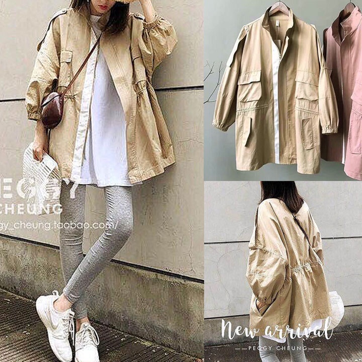 JAKET COAT KATUN CARGO TWILL WANITA KREM KHAKI OVERSIZE KOREA IMPORT
