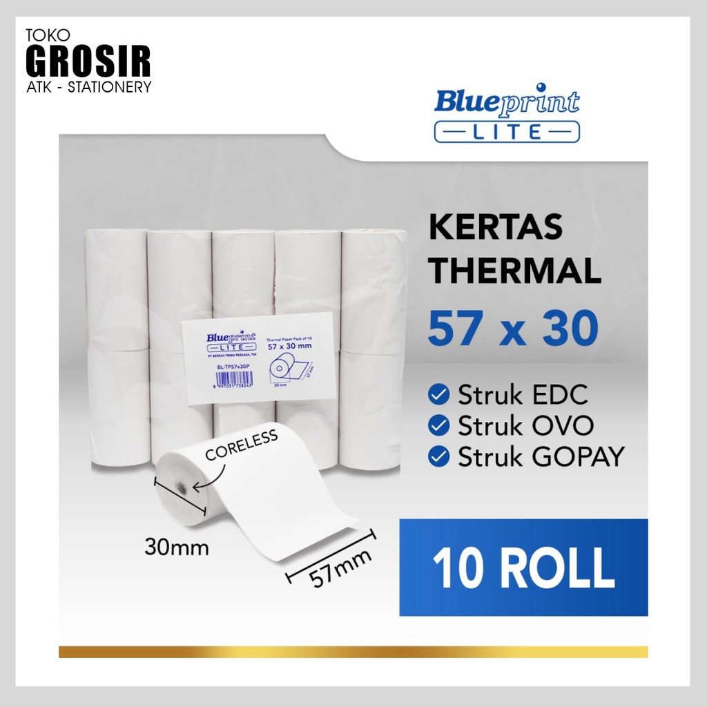 

B6C 57X30 (1 PACK) KASIR STRUK THERMAL TERMAL EDC BRI PPOB BLUEPRINT LITE 57MM 58X30 CORELESS UH9