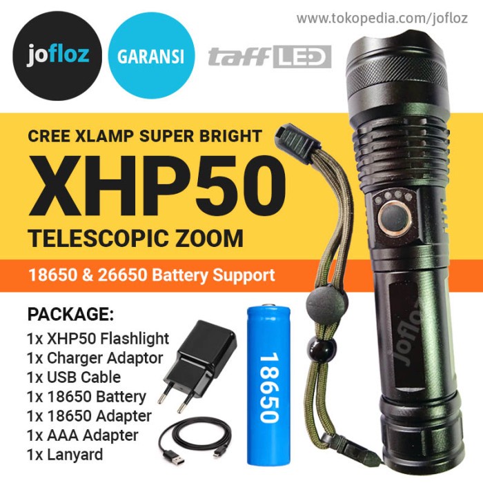 TERLARIS Senter LED XLAMP XHP50 ZOOM +Baterai 18650 +Adaptor USB Recharge /SENTER KEPALA/SENTER