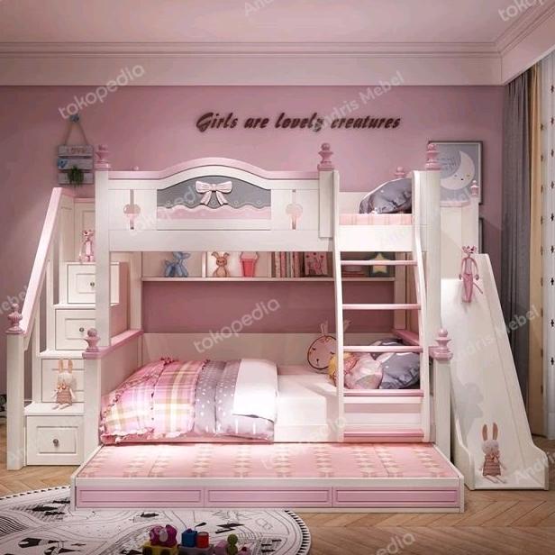 Promo Tempat Tidur Anak Tingkat Perosotan Pink - Dipan Tingkat Prosotan Kayu Bestq