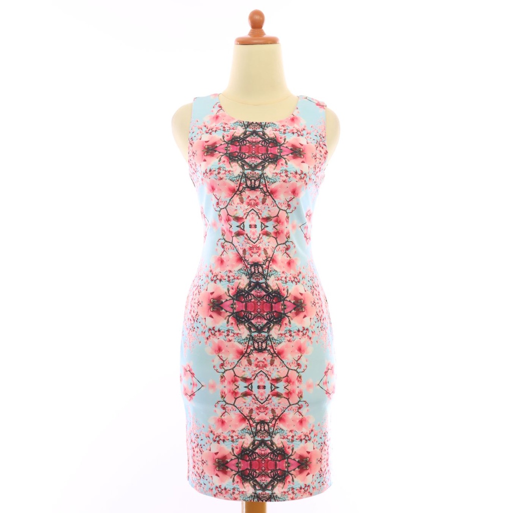 VL10616 Tracyeinny sky blue pink sakura printed bodycon dress | Veloved.id
