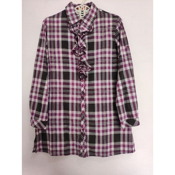 Kemeja Panjang Dual Kantor Ruffle Kotak-kotak Ungu Cewek Wanita