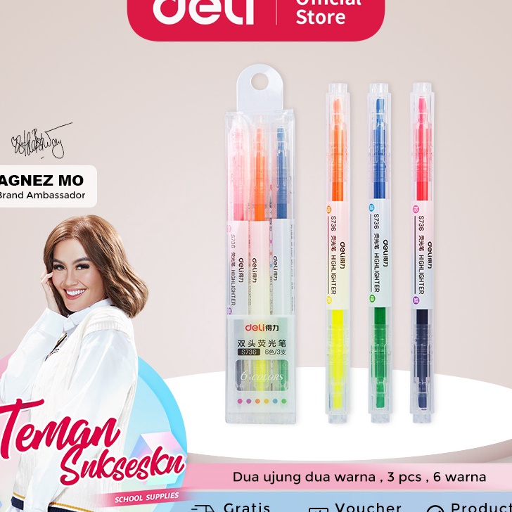 

ク I 41053 Deli highlighter ujung 2 warna 3pcs/pak 6 warna S736 8.8 ✿