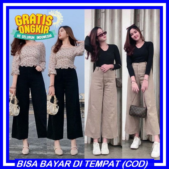 Celana Panjang Cewek Kekinian Terbaru 2023 Kulot Ootd Kulot Jeans Sobek Jins High Waist Loose Murah 