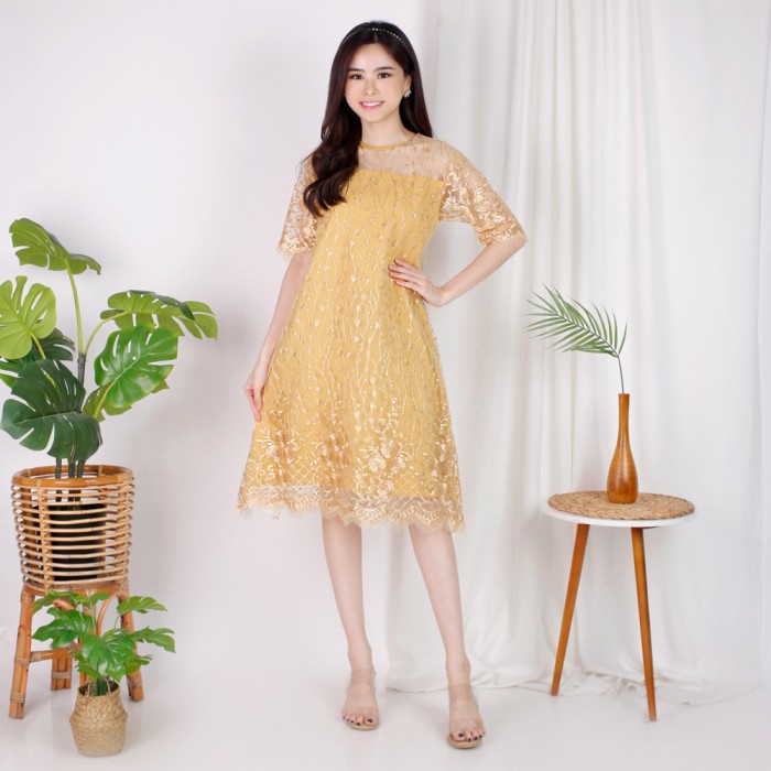 Terlaris Long Dress Alena Lengan Pendek L Xl Brukat Tile Tunik Gold Emas